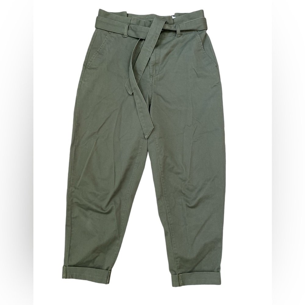 Olive green Belted cropped barrel pants